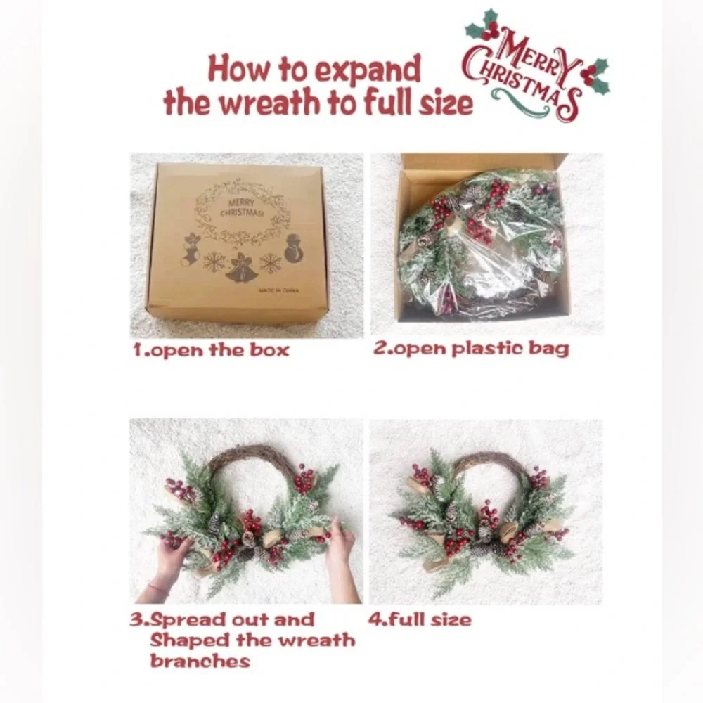 Festive Holiday Wreath with Red Berries, Pinecones and Artificial Snow